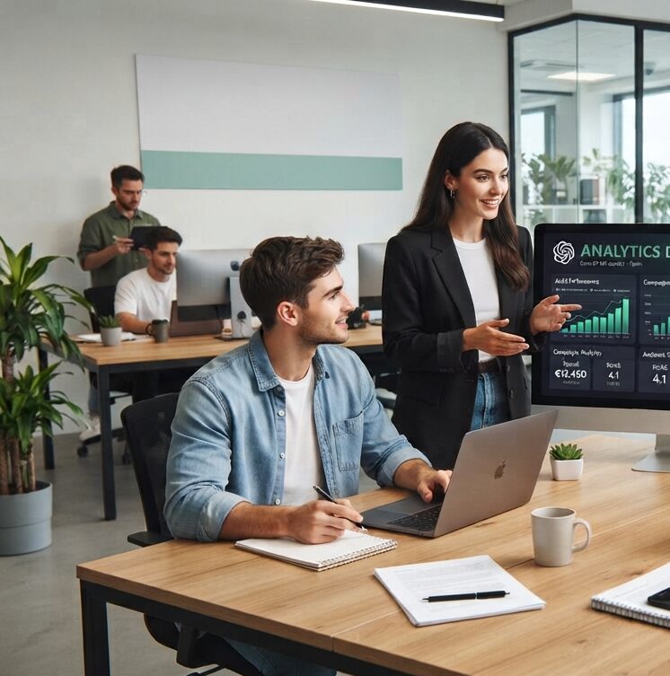 Gemeinsame Auswertung im Analytics-Dashboard Eine Frau erklärt einem Team an Laptops ein Analytics-Dashboard mit Kampagnenzahlen, rechts ein Whiteboard zur KI-Strategie. Dieses Bild wurde mit KI erstellt.