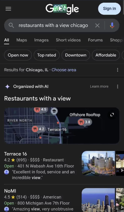 Screenshot der Restaurant-Empfehlungen der AI Overviews