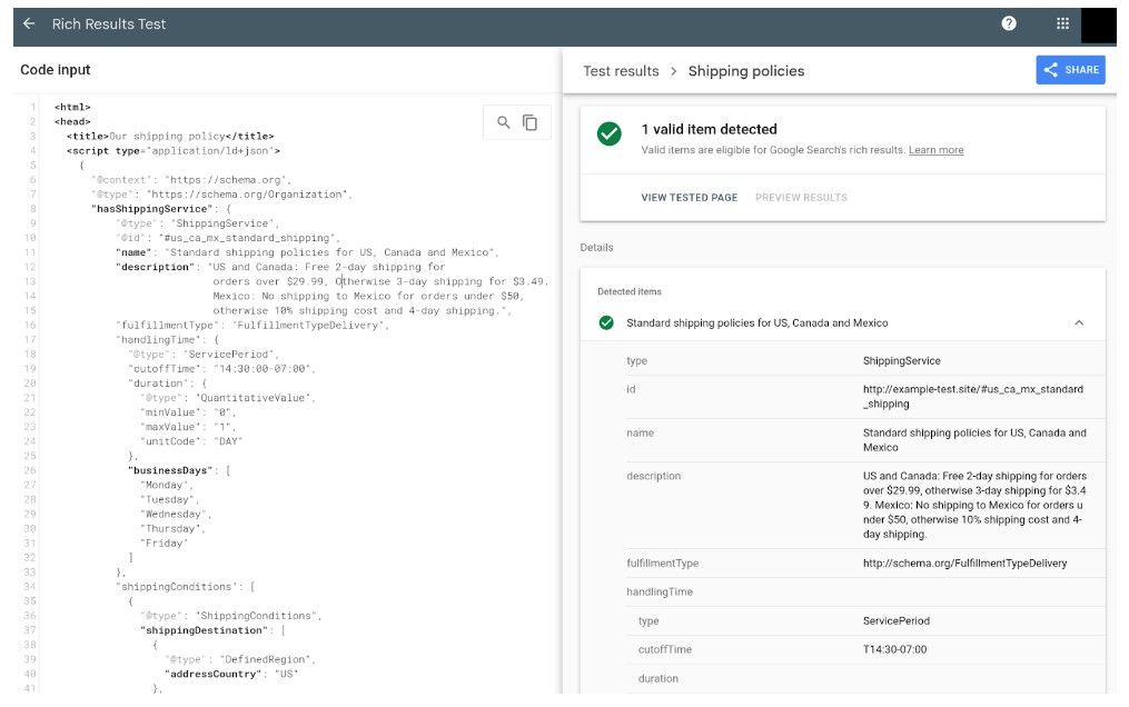 Screenshot der strukturierten Daten für die Versandt-Informationen im Rich Results Testing Tool
