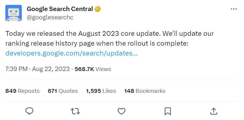 Ein Screenshot zeigt den Post zum Core Update auf X