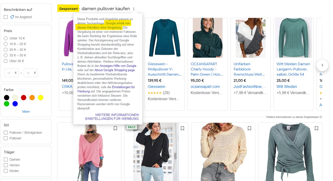 Screenshot Google Shopping auf der SERP