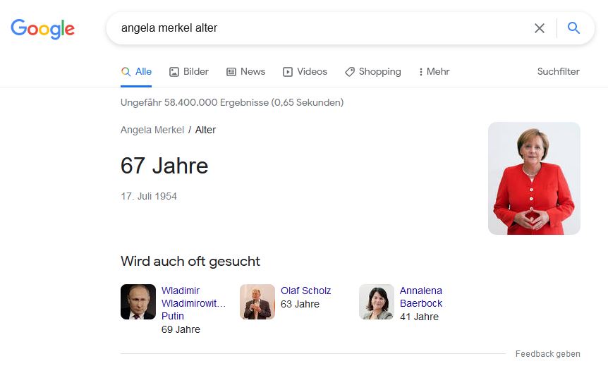 Informationelle Suche nach dem Alter von Angela Merkel Google Ergebnis für “angela merkel alter”