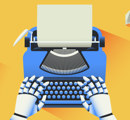 Roboter an Schreibmaschine symbolisiert KI Chancen und Risiken