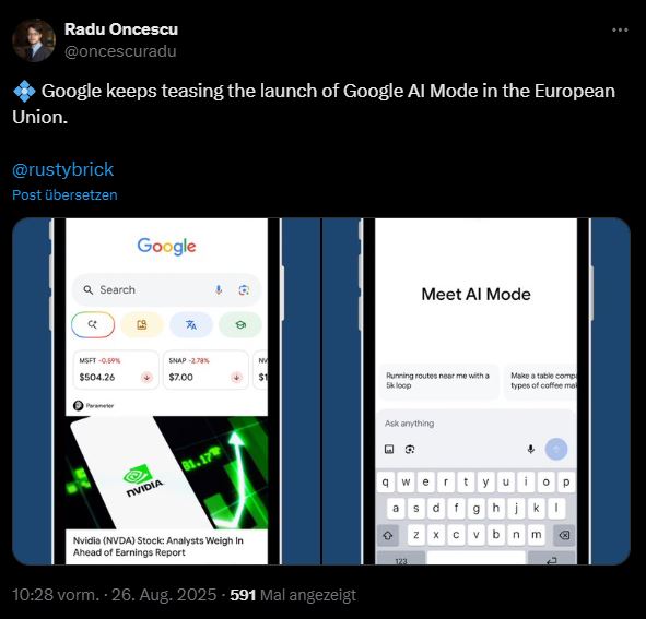 Screenshot eines X-Beitrags zum Thema AI Mode für den SEO Monatsrückblick August 2025