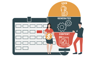 Mit User Generated Content SEO-Erfolge erzielen Ein Vektorbild mit Taschenrechner, zwei Personen und Glühbirne, auf der User Generated Content steht