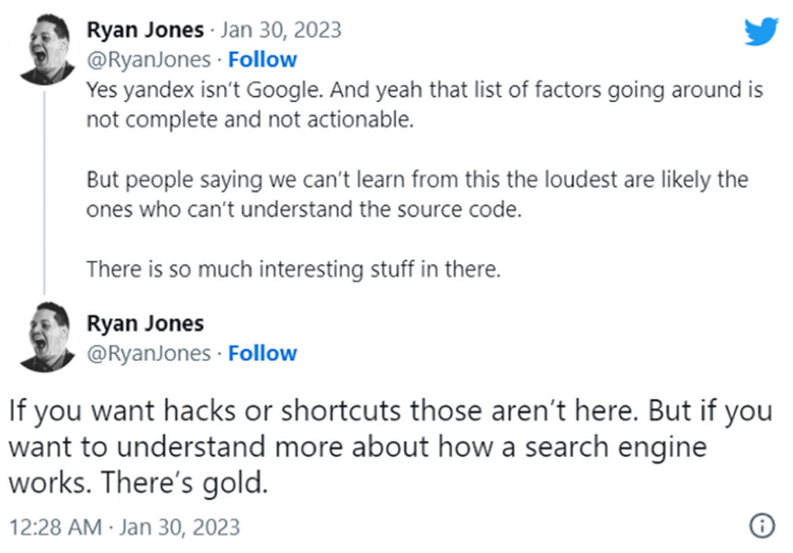Ein Screenshot eines Tweets von Ryan Jones über den Yandex Leak